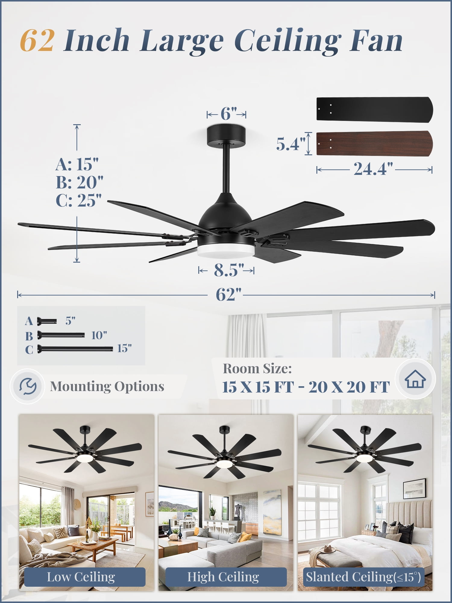 Zardon 62 in. Indoor Modern Ceiling Fan with Lights and Remote, Black, Dual-Finish, 8-Blade