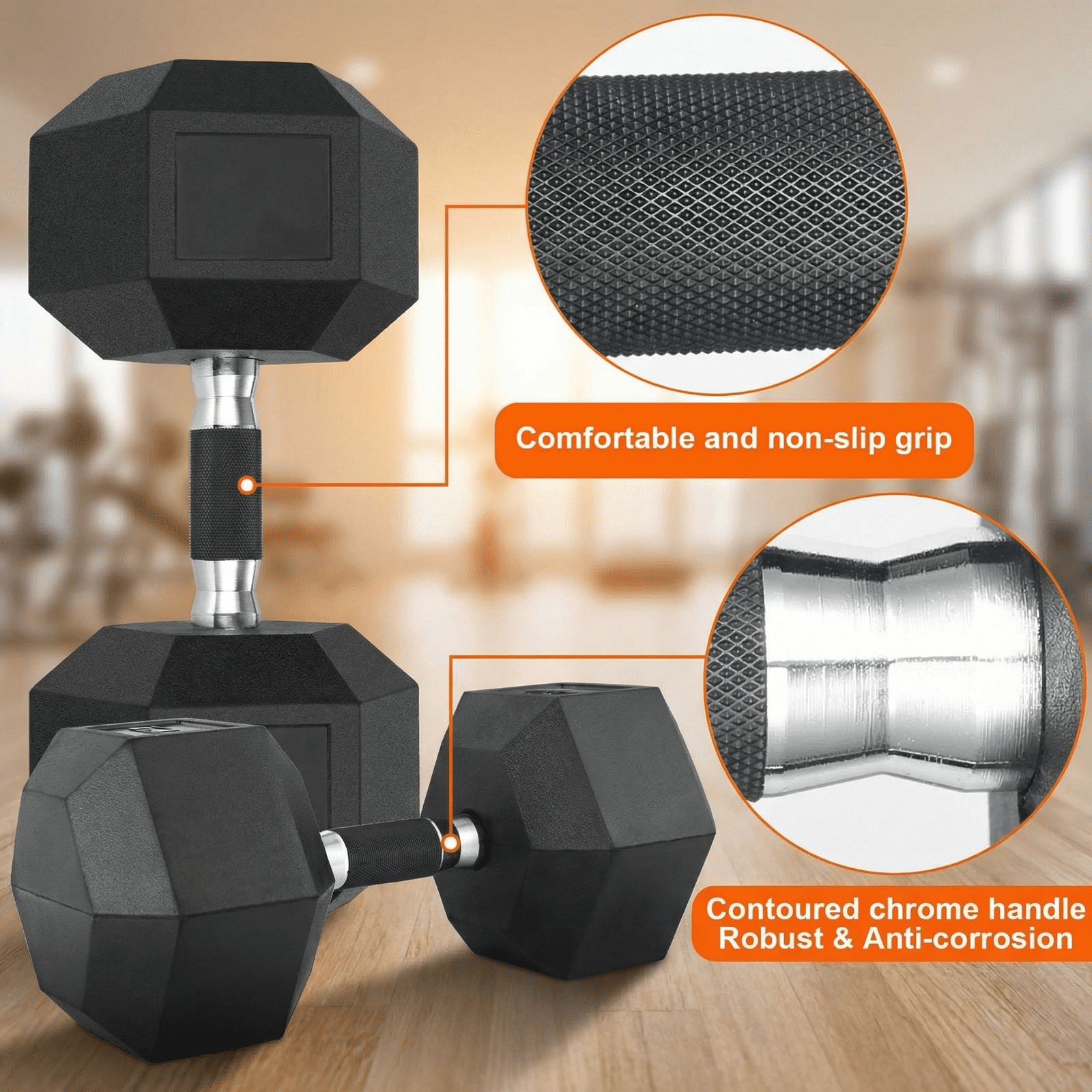 LIFERUN Rubber Grip Hex Dumbbells, 65lb, Coated Cast Iron Free Weights Dumbbell Set,Set of 2