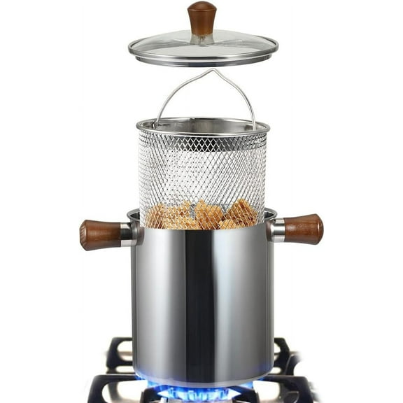 Small Deep Oil Fryer Pot, 68oz 304 Stainless Steel Oil Storage Pot with Glass Lid Compatible with gas cooktop/electric stoves/Camping (Tall 6.7 in)