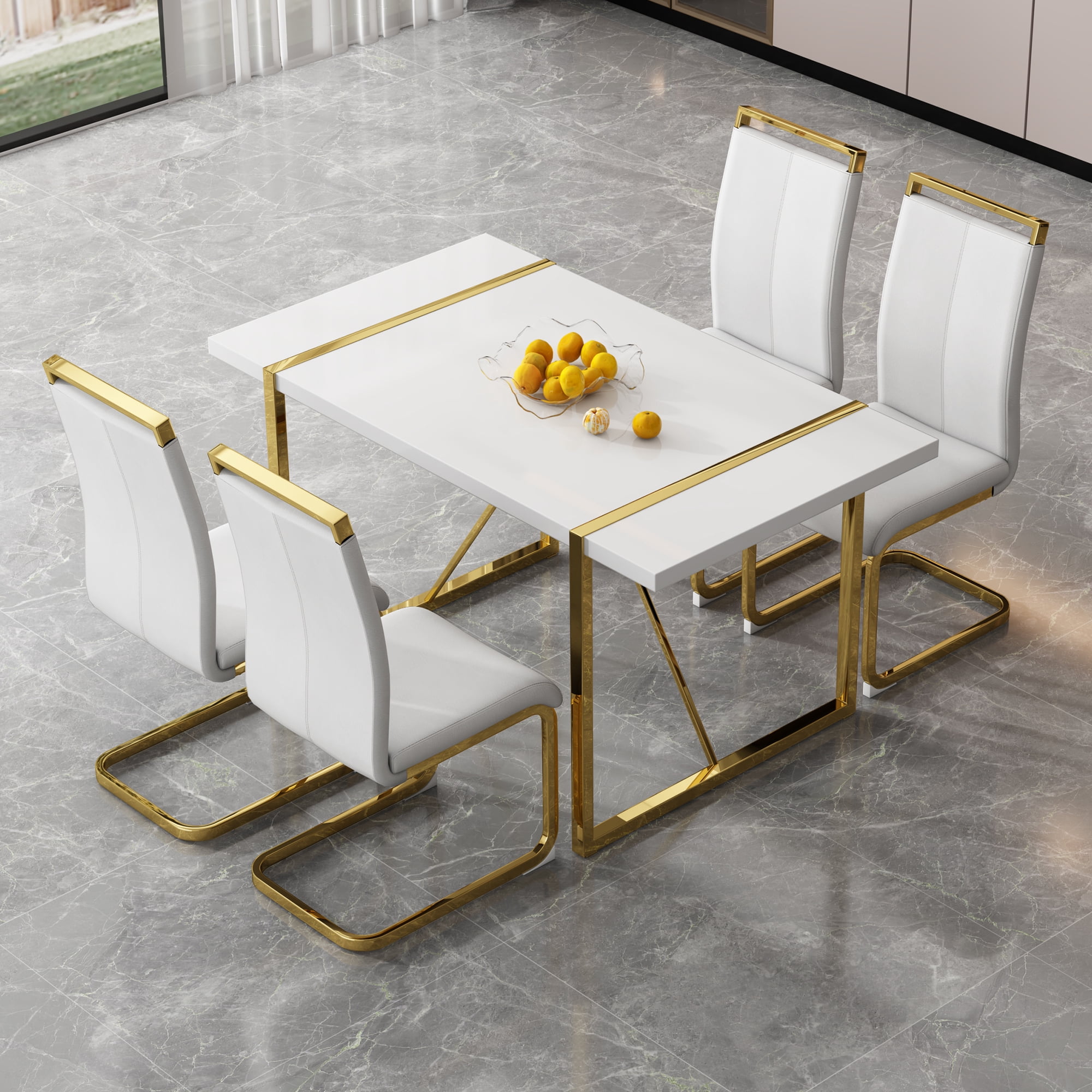NYEESS 55 inch White Rectangular Dining Table, MDF Top with Gold Metal Frame, Modern Style for Kitchen and Dining Room