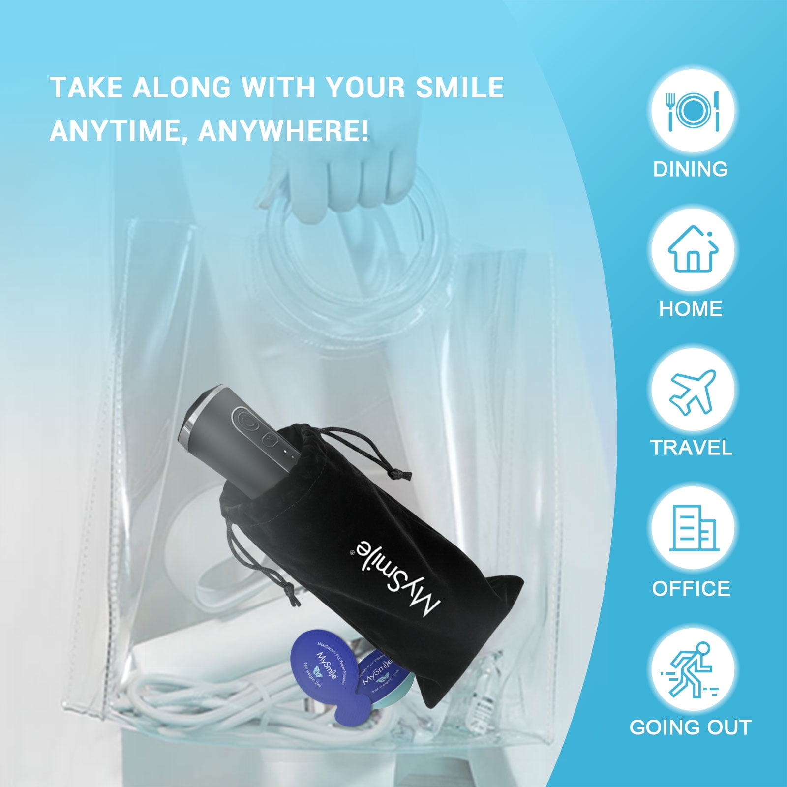 MySmile LP211 Portable Water Flosser Cordless for Teeth & 30pcs Mouthwash Combo, Power Water Dental Flosser Electric Picks, Rechargeable Oral Irrigator, Waterproof, 5 Modes, 8 Tips, Travel Bag, Black