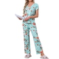 thumbnail image 2 of Pijamas para mujeres INSPIRE CHIC, camiseta de cuello en V de manga corta con pantalones de tiro ajustable, conjuntos de lounge impresos con bolsillos M azul floral, 2 of 5