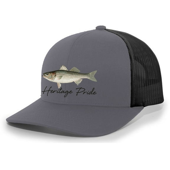 Heritage Pride Freshwater Fish Collection Striped Bass Fishing Mens Embroidered Mesh Back Trucker Hat Baseball Cap, Charcoal/Black