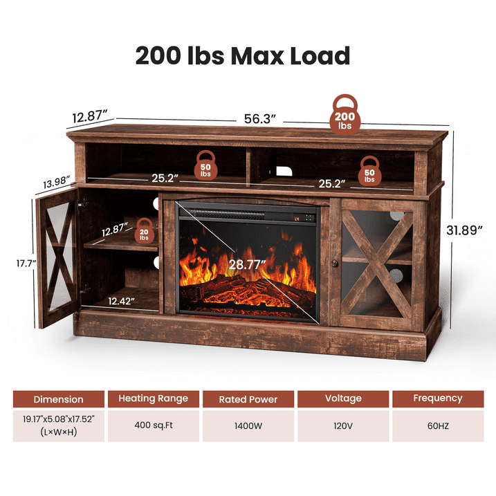 Electric Fireplace TV Stand for 75 inch TVs Farmhouse TV Console with 23″ Fireplace, Vintage Brown