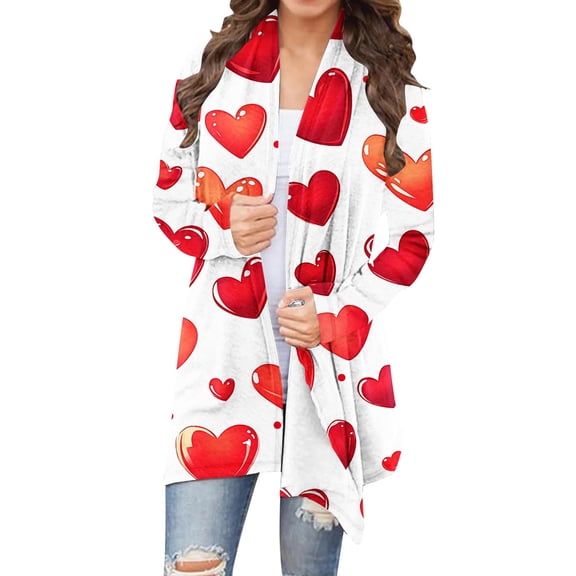 XUNKUSGA Valentine's Day Long Cardigans for Women Fashion Heart Printed Womens Cardigans Casual Long Sleeve Womens Cardigan Casual Loose Open Front Plus Size Cardigan S-5XL White