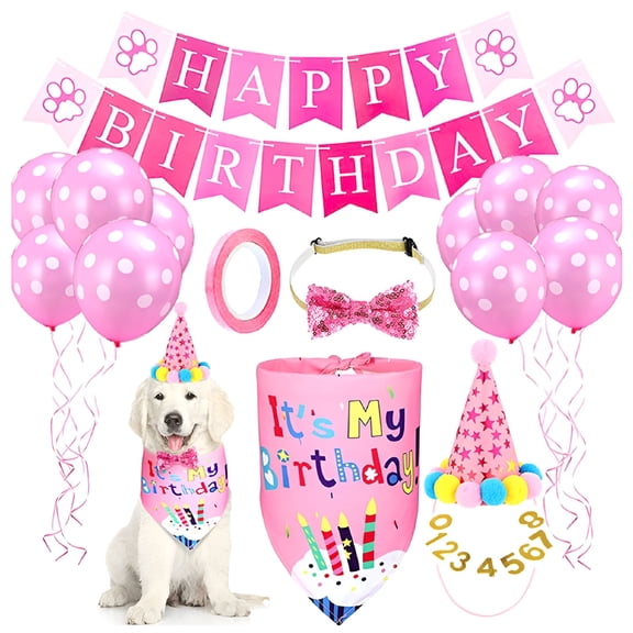 BESTSKY Dog Birthday Party Supplies Decorations Dog Girl Birthday Bandanas Set with Dog Birthday Hat with Birthday Numbers,Scarf,Birthday Banner,Balloons and Bowtie Pink
