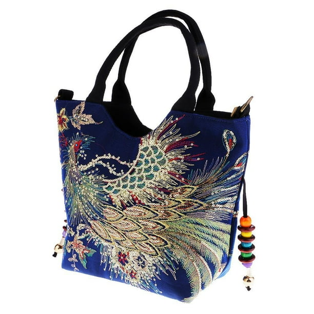Bolso de mano con bordado de flores, estilo chino retro bordado, para el hombro Azul oscuro