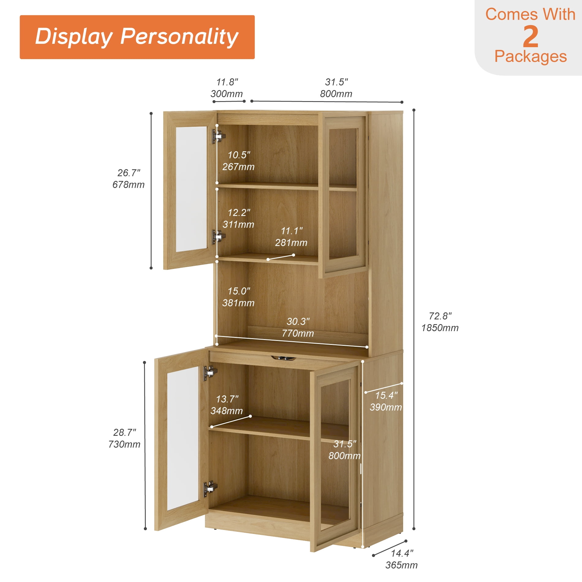 72" Tall Modern Sideboard Buffet Cabinet, Glass Door Storage Cabinet with Adjustable Shelves, Layered Wood Console Cabinet for Dining Room,Living Room, Entryway,Oak