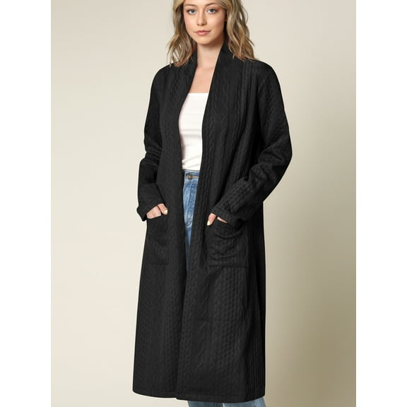 Made by Johnny Women's Casual Cozy Braided Open Front Long Pocket Cardigan Sweater S BLACK