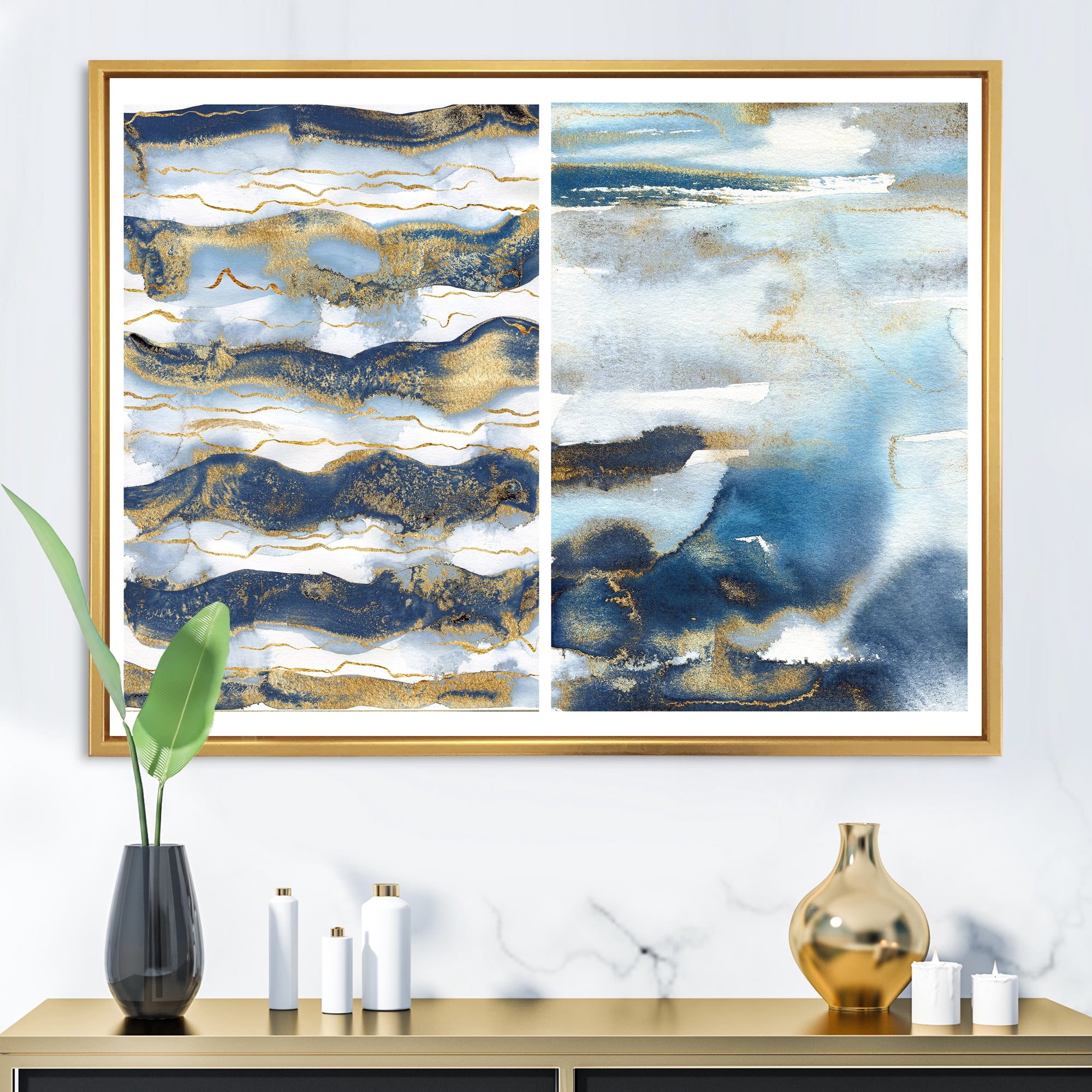 Designart 'Gold and Dark Blue Abstract Waves II' Modern Framed Canvas Wall Art Print
