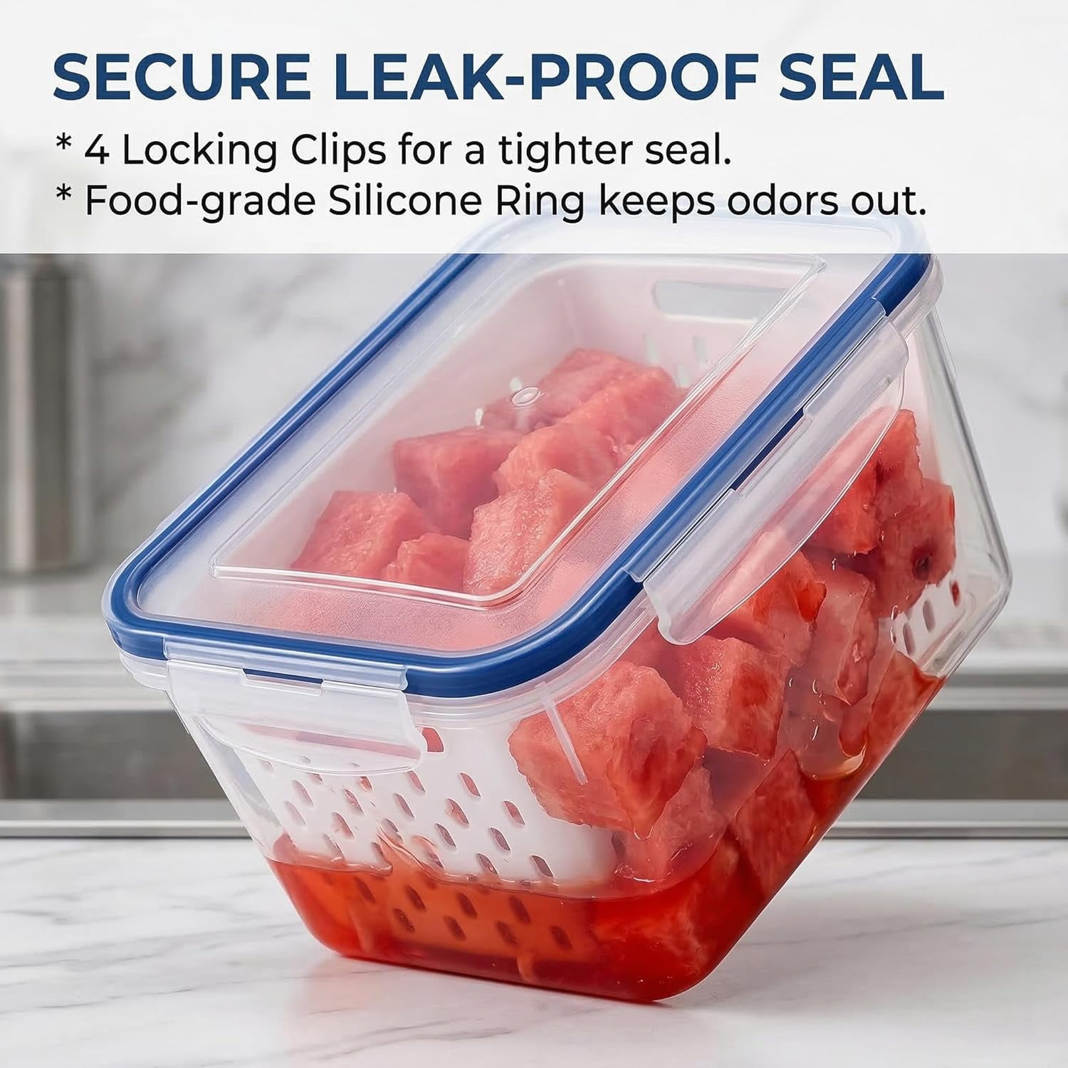 4 in 1 Food Storage Container for Fridge, Produce Keeper with Lid and Removable Strainer, Multipurpose Large Fruit & Vegetable Storage with Drain Basket (Blue)