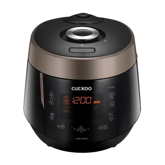CUCKOO High Pressure Rice Cooker 6-Cup Uncooked / 12-Cup Cooked with Nonstick Inner Pot, Versatile Rice Maker with 12 Menu Options and Steam Plate, Fuzzy Logic Tech, Voice Guide, Black (CRP-P0609S)