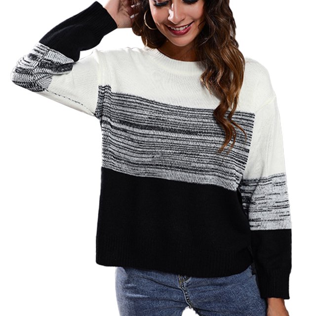 Suéter de mujer con hombros caídos y cuello redondo de manga larga con degradado para otoño invierno negro M