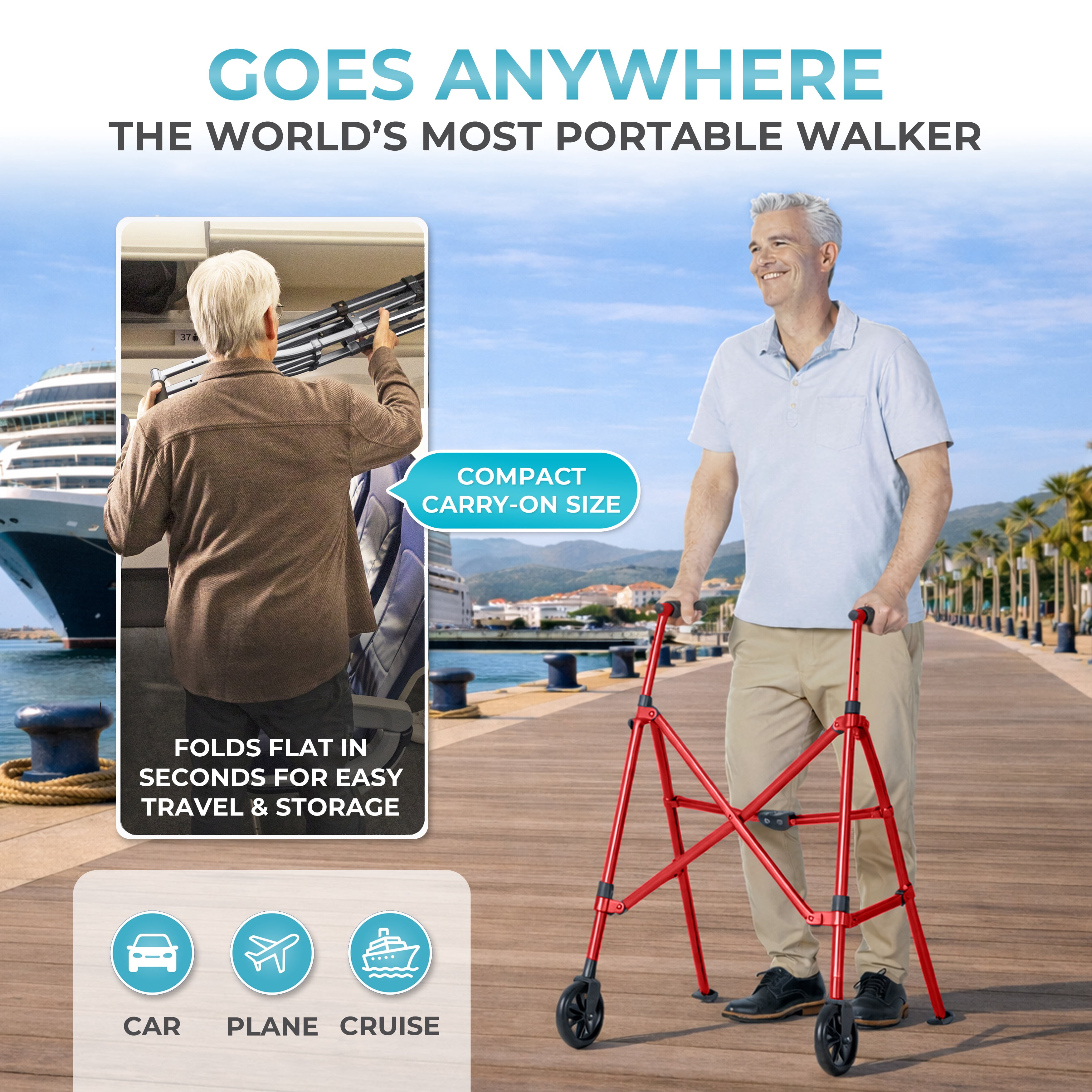 Stander Space Saver Walker, Lightweight Folding Walker for Seniors, Adult Walker with Wheels, Two Wheeled Rolling Walker with Rear Ski Glides, Sport Red