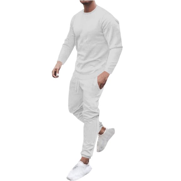 Kilaqueen Mens 2 Piece Tracksuit Solid Color Long Sleeve Crew Neck Pullover Tops and Pants Set Athletic running Casual Sportswear