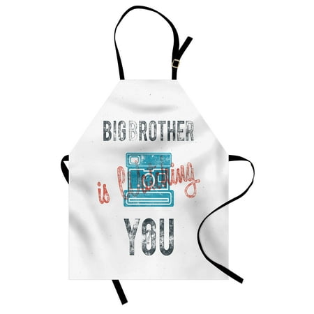 Icon Analogue Watch - Vintage Apron Half Toned Big Brother Quote with Old-Fashion Analogue Camera Icon Book Web Print, Unisex Kitchen Bib Apron with Adjustable Neck for Cooking Baking Gardening, Blue Grey, by Ambesonne