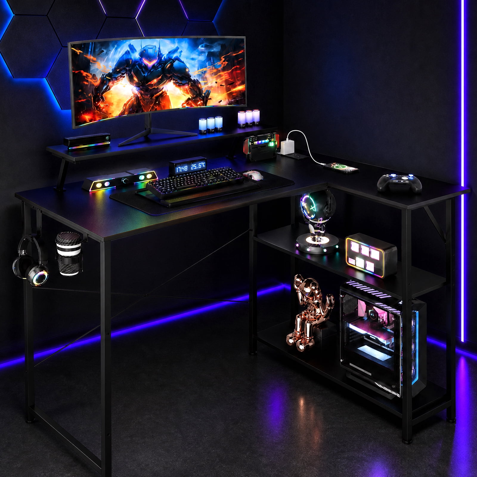 CLOUDREST PRO 42" L-Shaped Gaming Desk, Power Outlets & RGB LEDs, Black