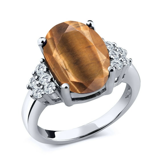 Gem Stone King 4.38 Ct Oval Brown Tiger Eye E-F Lab Grown Diamond 925 Sterling Silver Ring (Size 7)