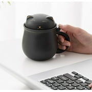 Ceramic Tea Mug with Infuser and Lid, Dingrich 350ml Cute Cat Tea Cup with Filter for Steeping Loose Leaf, Handmade Porcelain Teacup for Home Office (Black)