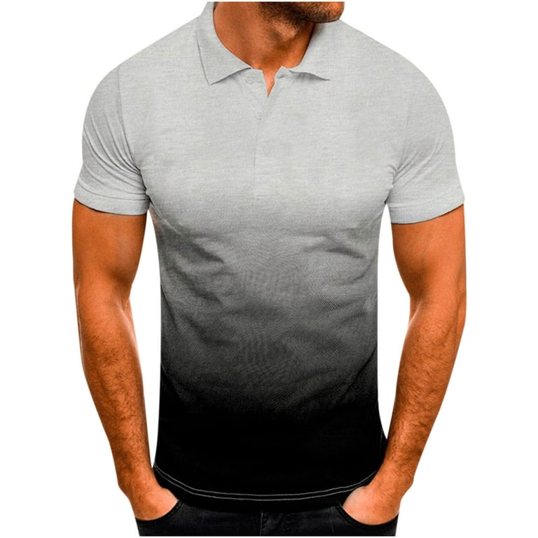 Mens Casual Shirts Men's 3D Gradient Lapel Half Button Pullover Sports  Casual Short Sleeve T-Shirt Pants Set Suit Vocation T-Shirt, light grey,XXL