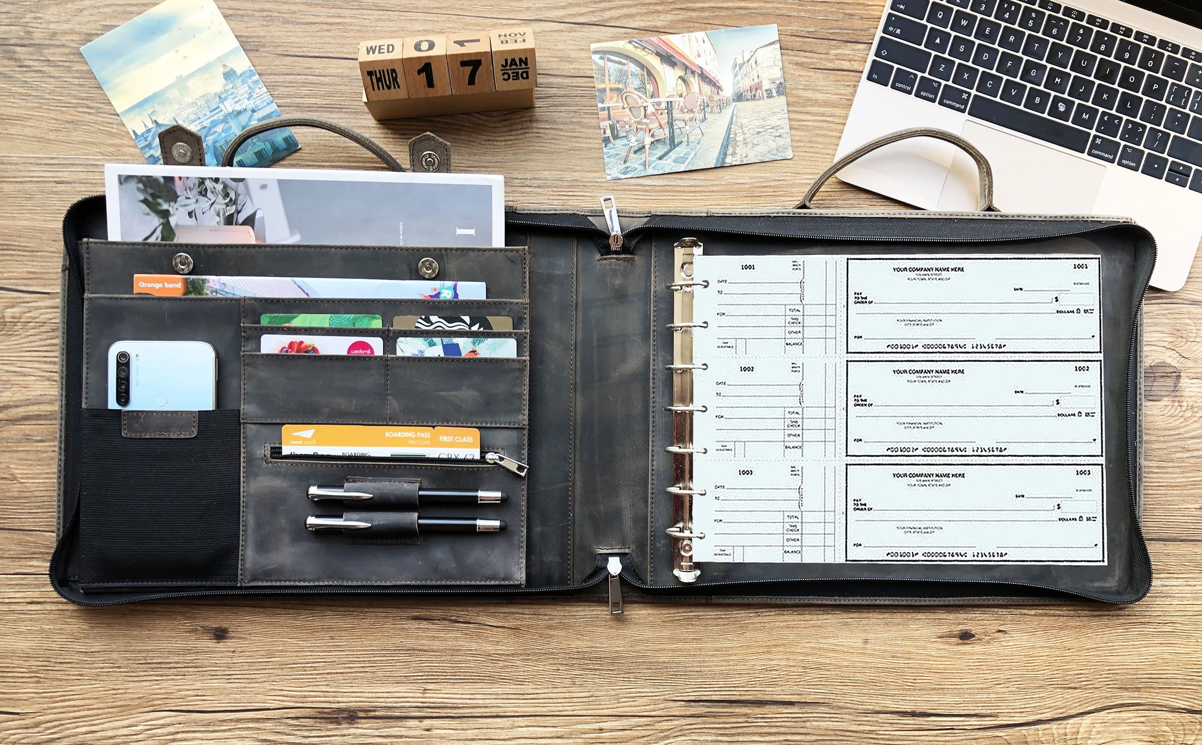 7 Ring Check Binder Cowhide Leather Check Portfolio for 3-Up Business Checks, Check Book Binder with Handle, Zippered Check Holder with 500 Check Capacity, Personalized Checkbook