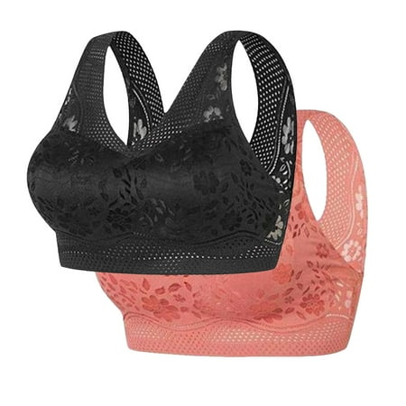 REORIAFEE Bras for Older Women 2PC Gathered Together Wirefree Bras Solid Brassiere Breathable Wide Strap Comfy Corset Underwear Classic Comfortable Support Lingerie Red M