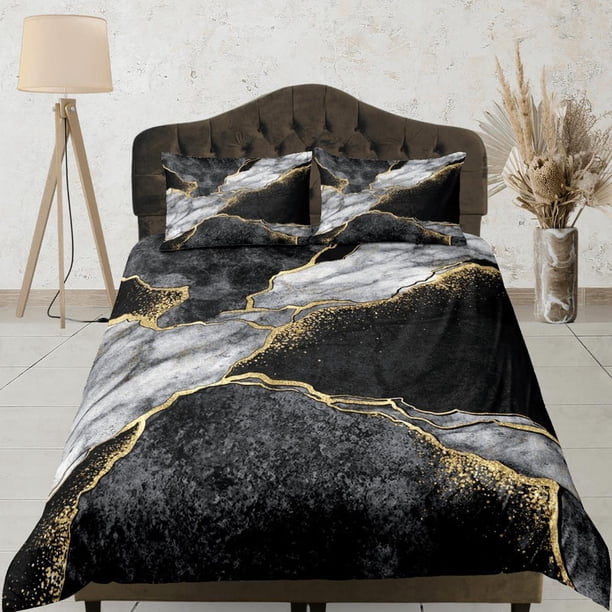 Juego de Dormitorio Contemporáneo Funda Nórdica Estética Negra, Edredón de Lujo Mármol Dorado