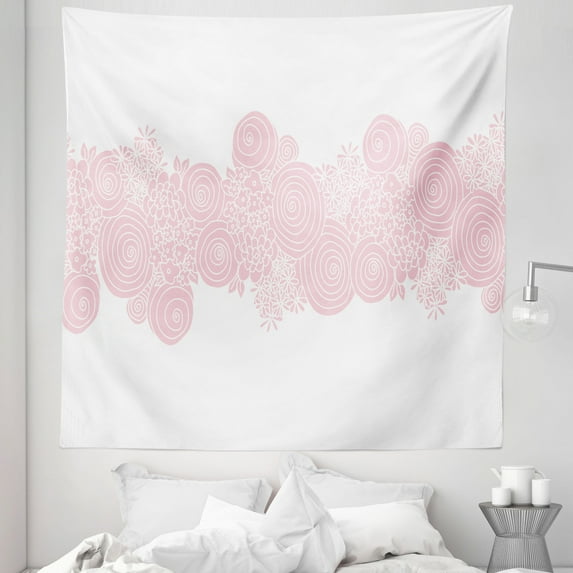 Pastel Tapestry, Spring Themed Whirlpool Swirling Circles and Flower Bouquets Romantic Art, Fabric Wall Hanging Decor for Bedroom Living Room Dorm, 5 Sizes, Pale Pink and White, by Ambesonne
