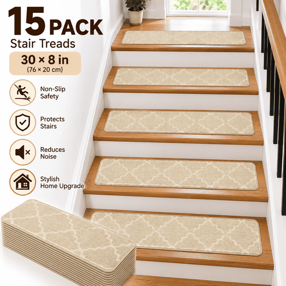 Stair Treads Non-Slip Carpet Indoor, 15 Packs 30X8in Stair Carpet Runners for Wooden Steps with Reusable Adhesive for Kids Elders, and Dogs, 100% Polyester Surface TPR Backing Stair Rugs, Beige