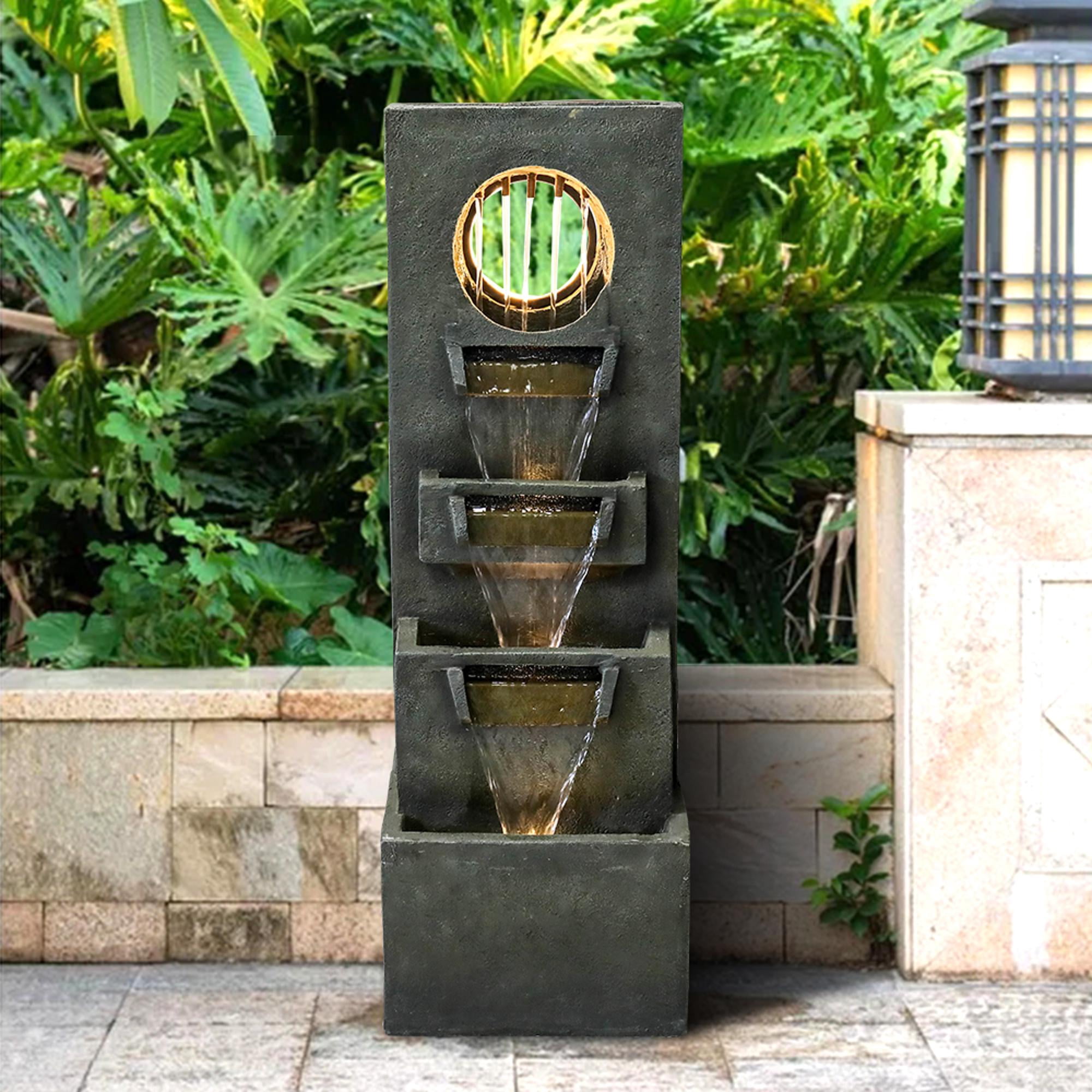 Tammesy Modern 4-Tier 39.3"H Outdoor Waterfall Fountains with Lights Pump, for Patio,Backyard,Deck,Porch and Home Art Garden Decor