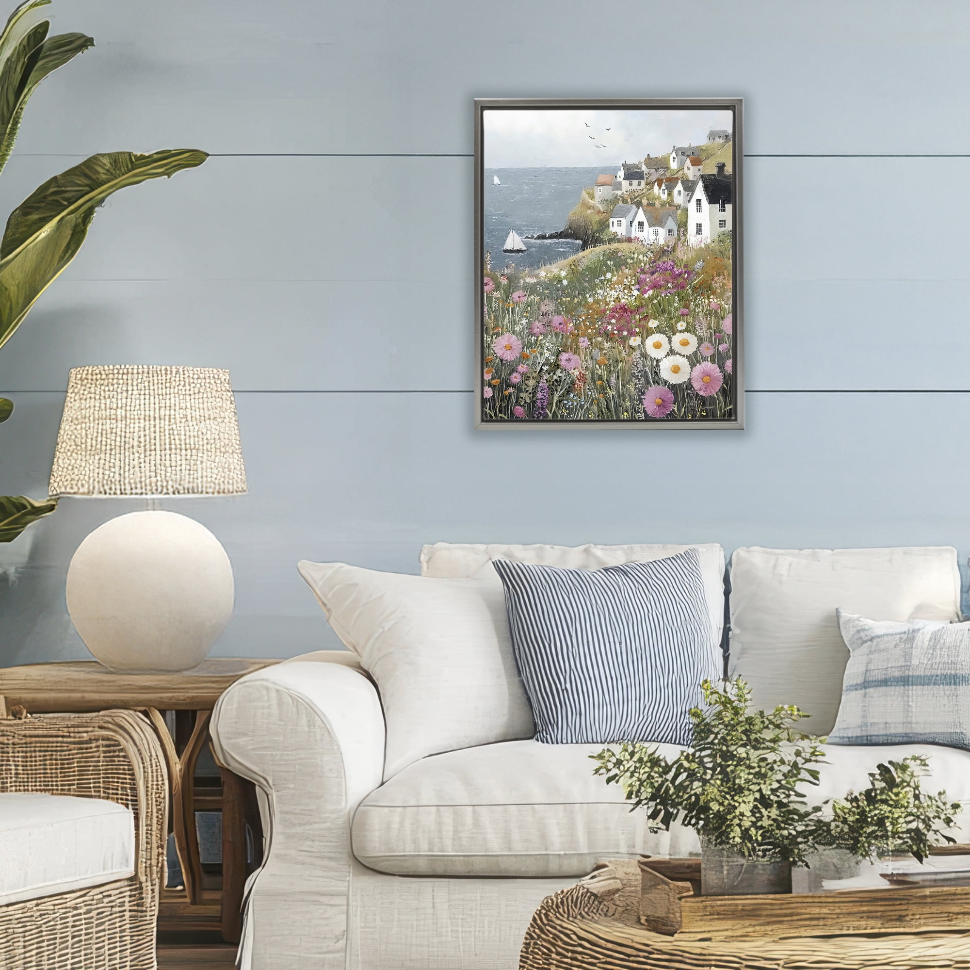 Stupell Industries Pink Meadow Overlooking Sailboats Gray Framed Floater Canvas Wall Art, design by Riley B