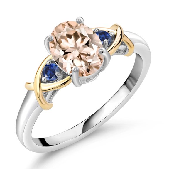Gem Stone King 925 Silver and 10K Yellow Gold Peach Morganite and Blue Created Sapphire Ring for Women (1.09 Ct tw, Gemstone Birthstone, Size 6)