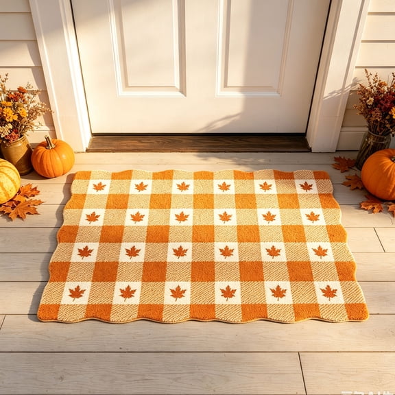 Cadancy Fall Decor Doormat Maple Leaf Plaid Outdoor Indoor Entrance Rug Harvest Festival Front Door Mat Patio Porch Home Thanksgiving Decorations Non Slip Floor Carpet