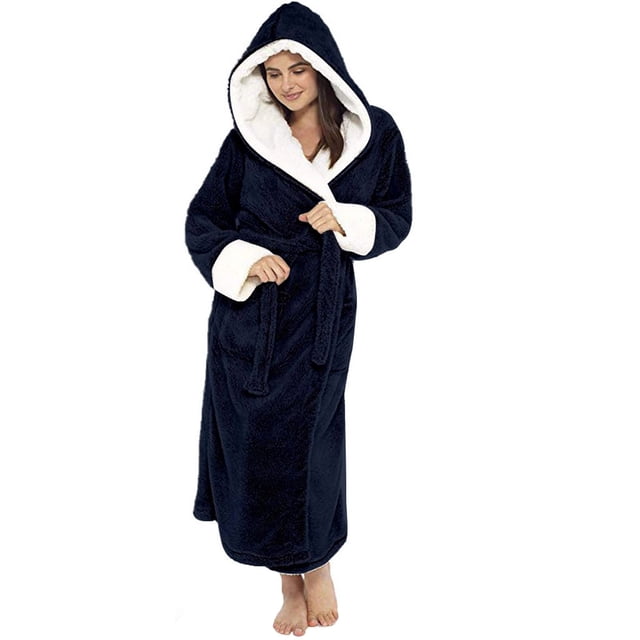 batas prolriy para mujer, bata de baño alargada de felpa de invierno para mujer, bata de manga larga, bata de mujer, bata azul oscuro xl. Vista frontal centrada de una bata larga de vellón coral azul oscuro con capucha grande y forro marfil visible, cinturón colgando a la cintura y mangas anchas, largo hasta los tobillos sobre fondo blanco; a menudo usada como bata de baño o ropa de estar en casa.
