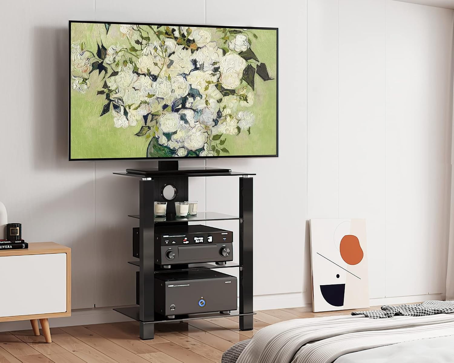 FITUEYES 4-Tier AV Media Cabinet with Tempered Glass Shelves, Black