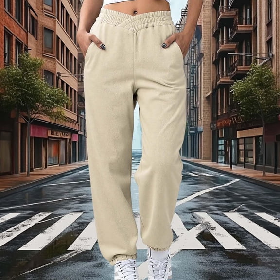 Women's Fleece Lined Sweatpants Loose Joggers With Pockets Cross Elastic Waist, Beige, L