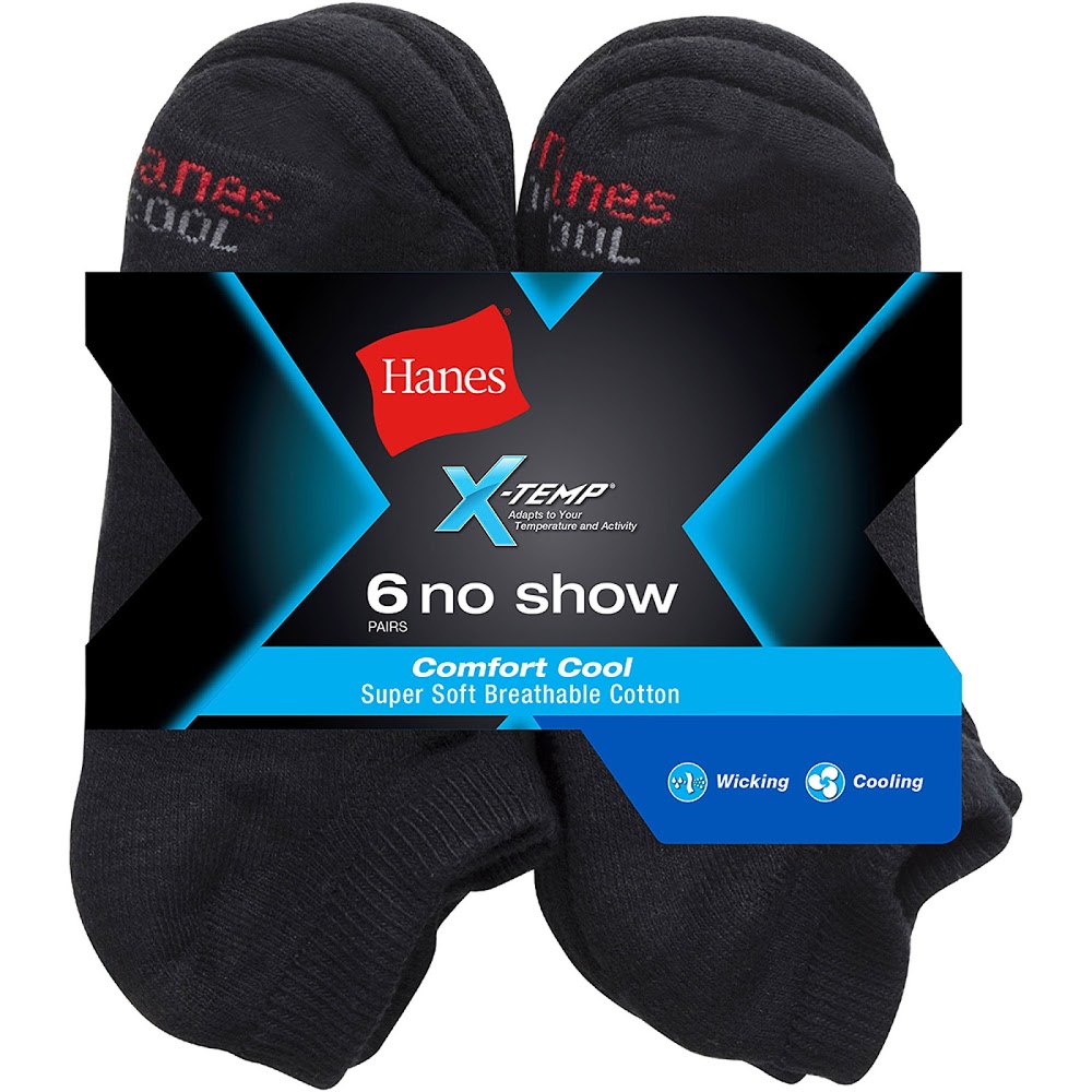 Hanes Men s 6 Pack X Temp Comfort Cool No Show Socks Black Shoe Size 6 12 Sock Size 10 13 Fresh IQ Advanced Odor Protection Technology Extra Thick Comfort Cooling Reinforced Heel Toe CC12