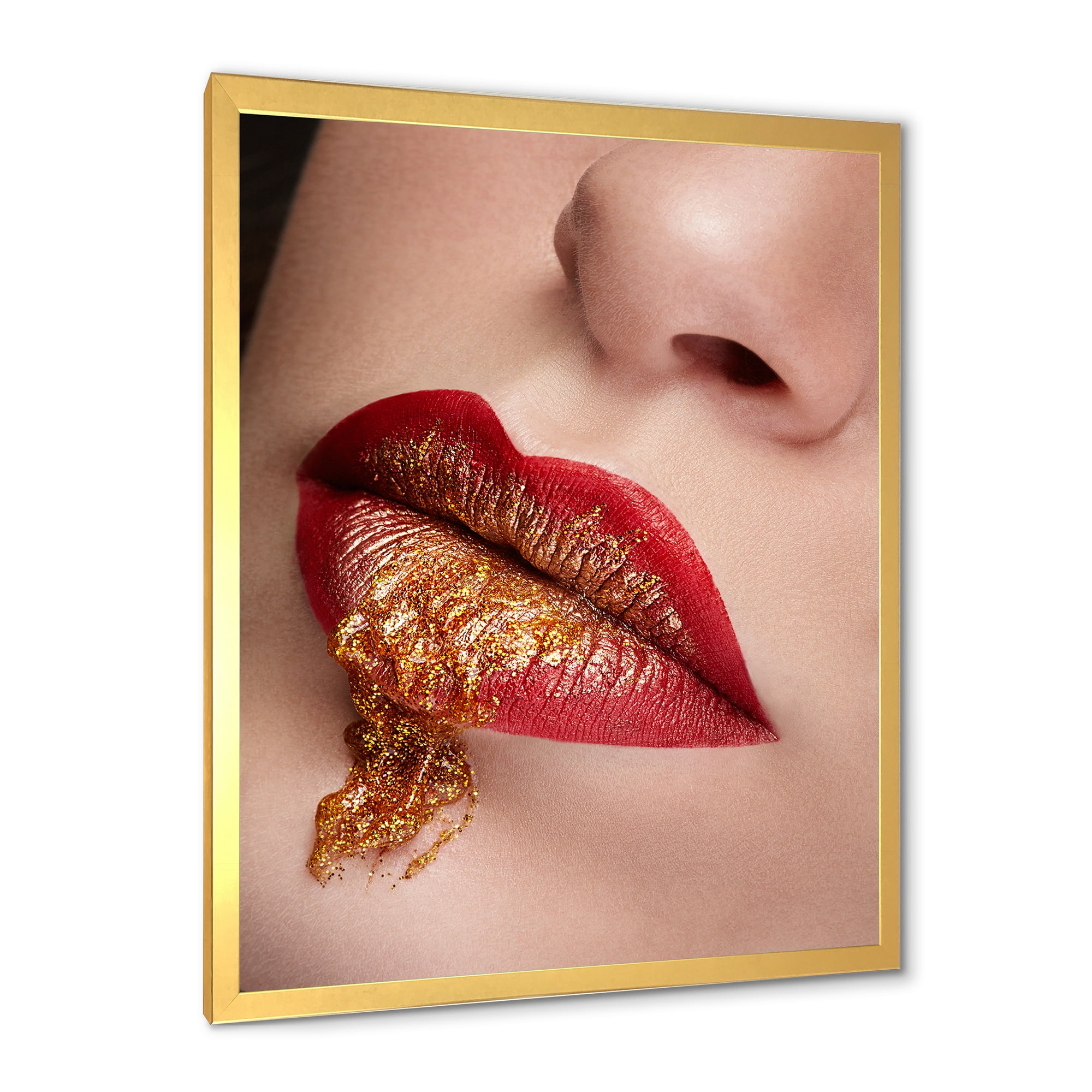 Designart 'Close Up Lips With Gold and Red Make Up' Modern Framed Art Print