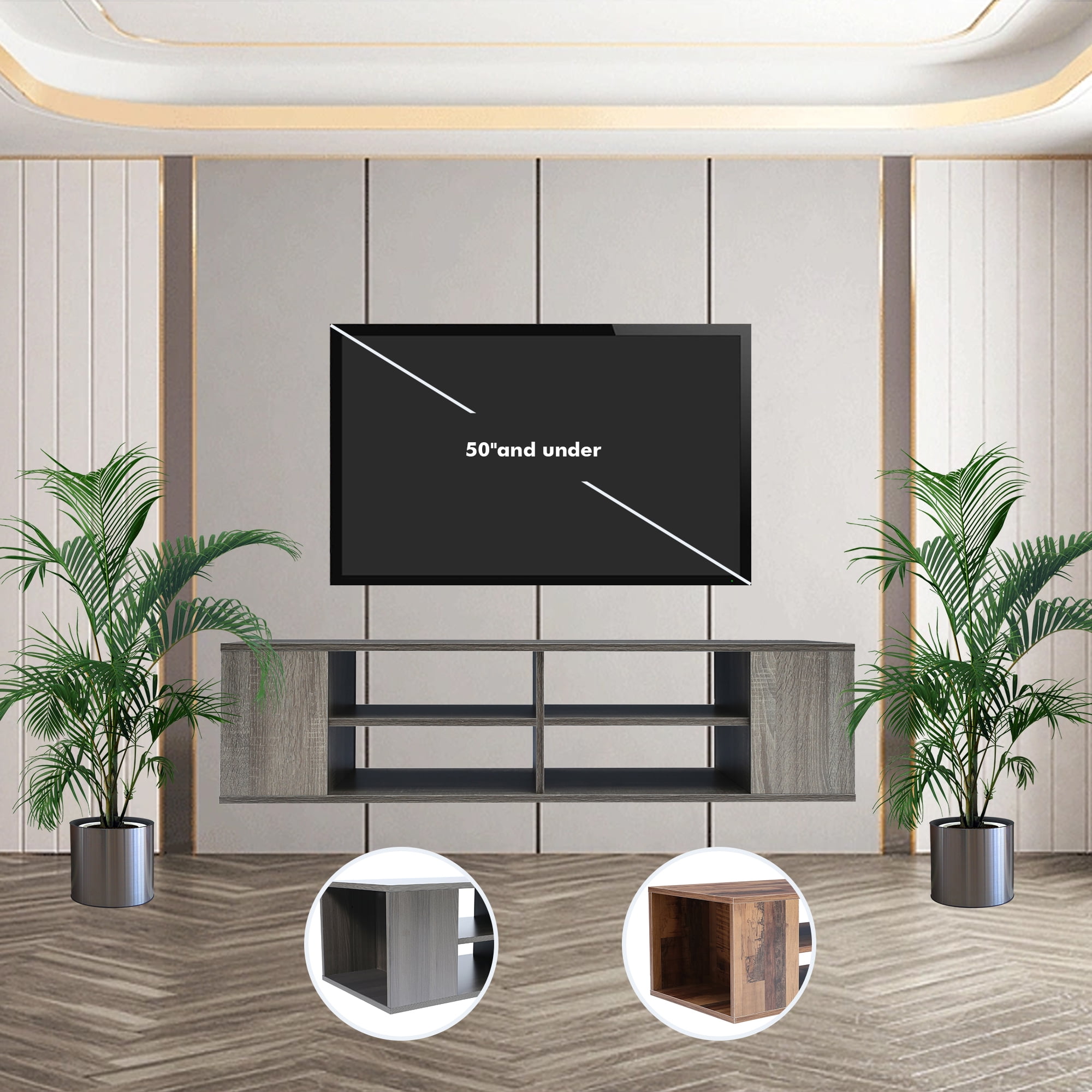 PUDO Wood Grey TV Stand for 65 Inch TV Modern WallMounted TV Table