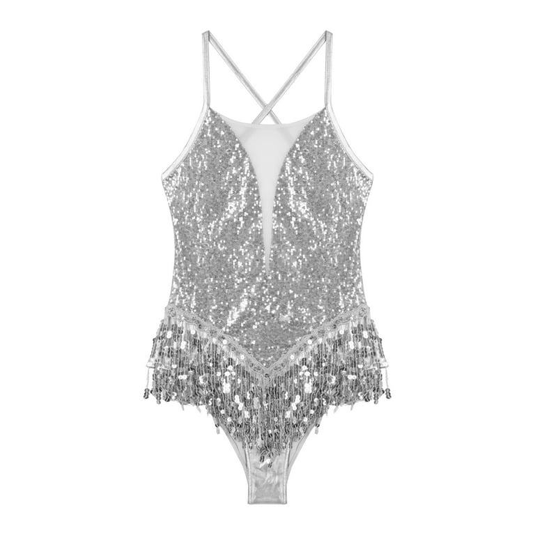 Sparkly Silver Crystals Mesh Bodysuit Women Feather Leotard Outfit Party  Costume