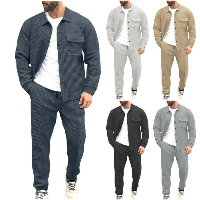 Sentmoon Ensembles de Survêtement pour Hommes Pantalons pour Hommes Mode Automne Pantalons de Sport Unis pour Hommes Bouton-Pression Poche Ensemble à Manches Longues Col Rabattu pour Activités Extérieures et Randonnée Gris TTTG