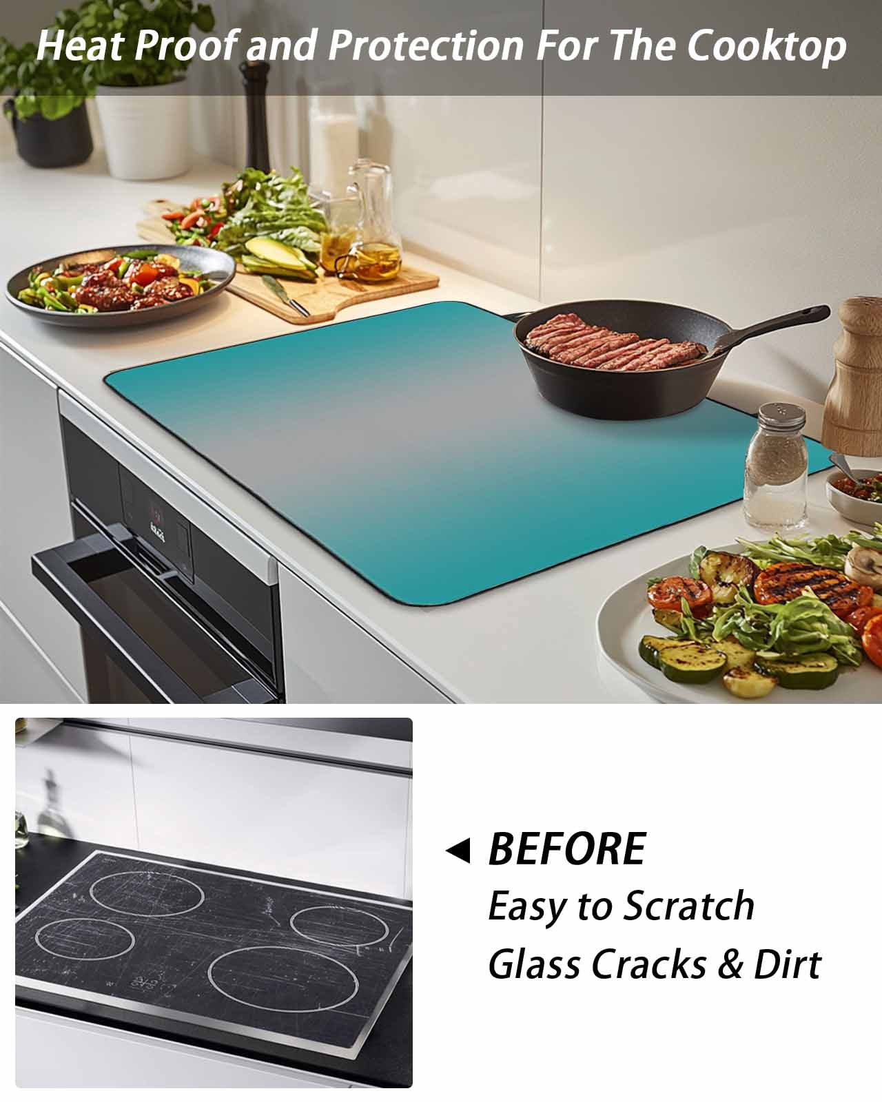 Stove Top Covers for Electric Stove, Teal Grey Ombre Glass Stovetop Cover Protector, Gradient Contemporary Abstract Art Induction Cooktop Protector Oven Mat for Kitchen Countertop 31"x24"