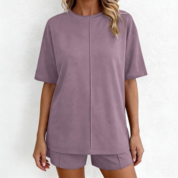 TaTaai Women's Summer Lounge Set Short Sleeve Round Neck T-Shirt and Elastic Waist Shorts Solid Color Matching Two Piece with Pockets for Comfortable Daily Wear Gift