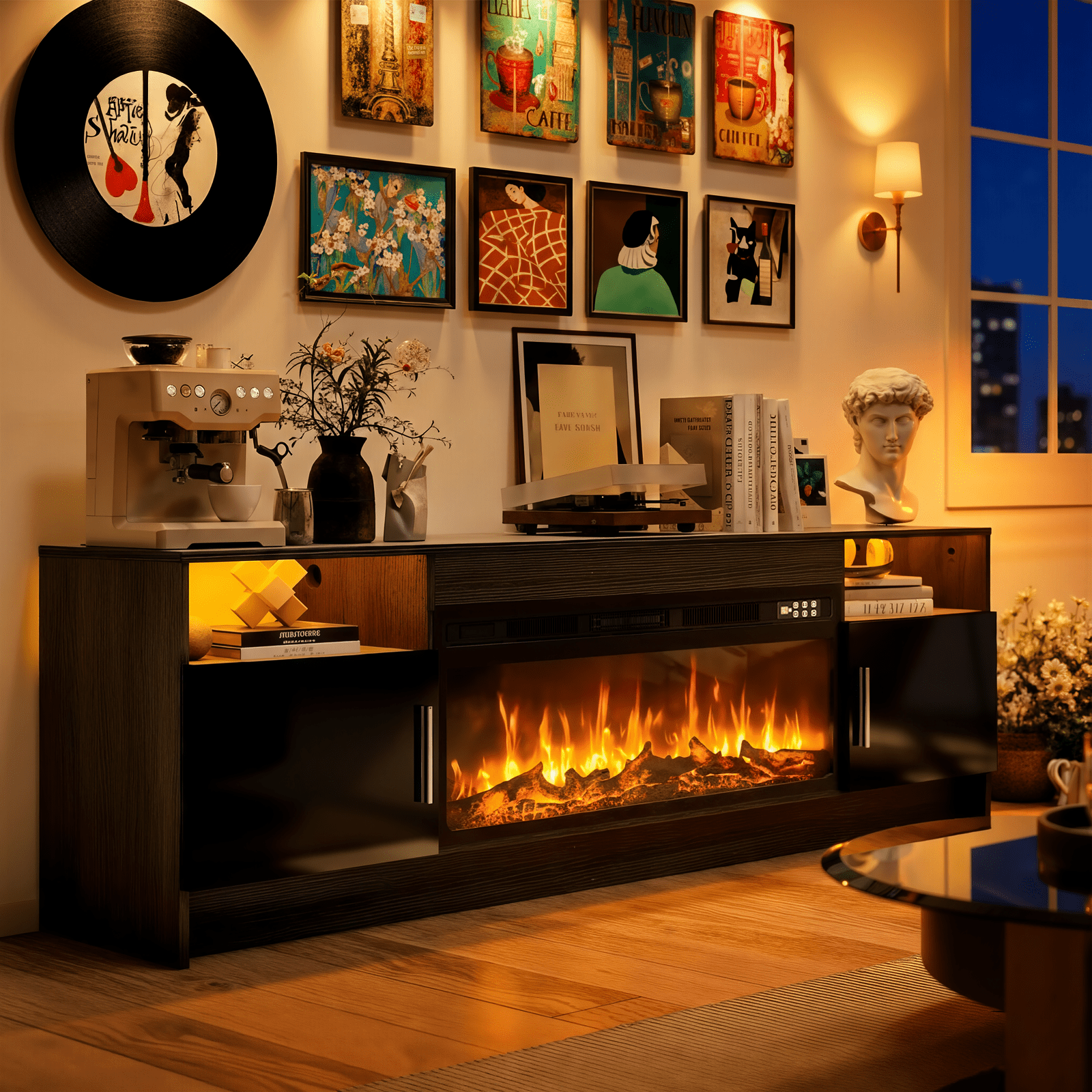 Rocyis 70” TV Stand with 3D Realistic Log Flame Electric Fireplace, Entertainment Center for TVs Up to 80-Inch, Modern TV Console with High Glossy Doors & LED Lights, Black