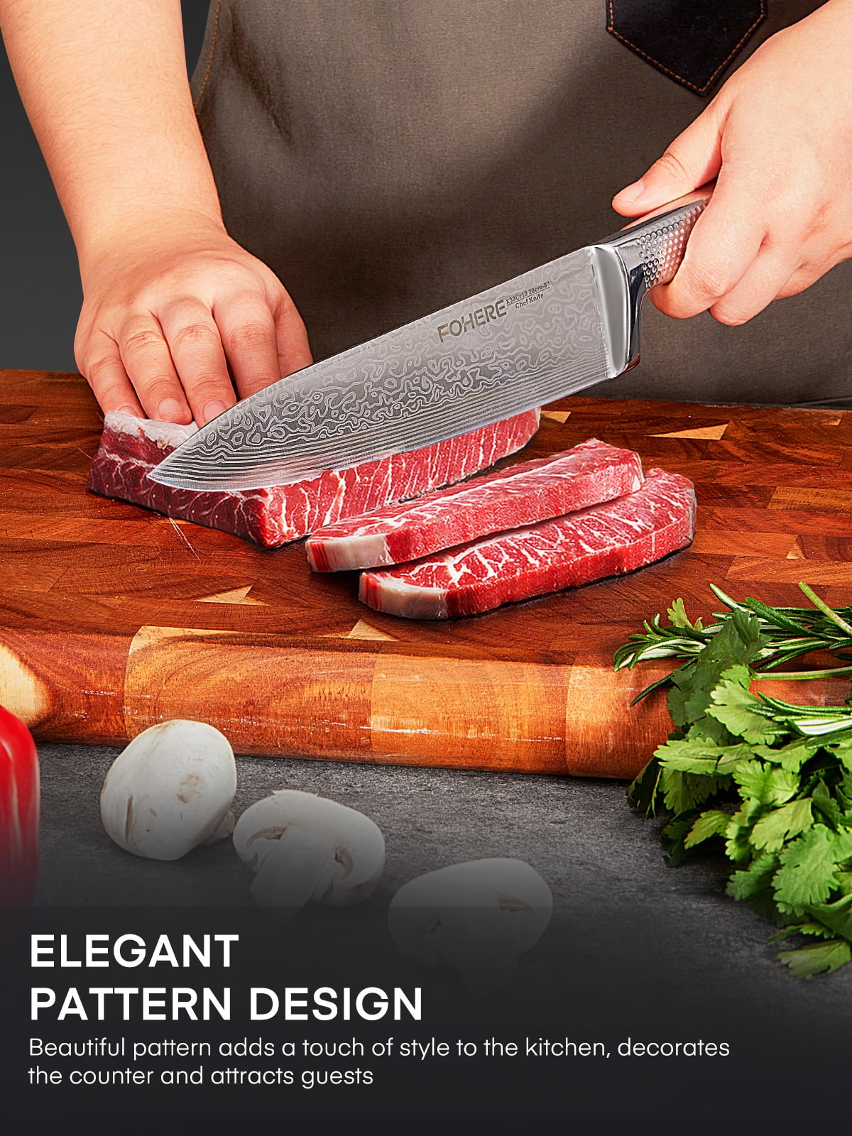 FOHERE 7-Piece Kitchen Knife Set with Sharpener, Unique Waved Pattern & Stainless Steel Handle