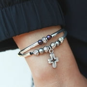 Lizzy James Faith Women's Silver and Black Leather Adjustable Bracelet with Silver Cross Charm