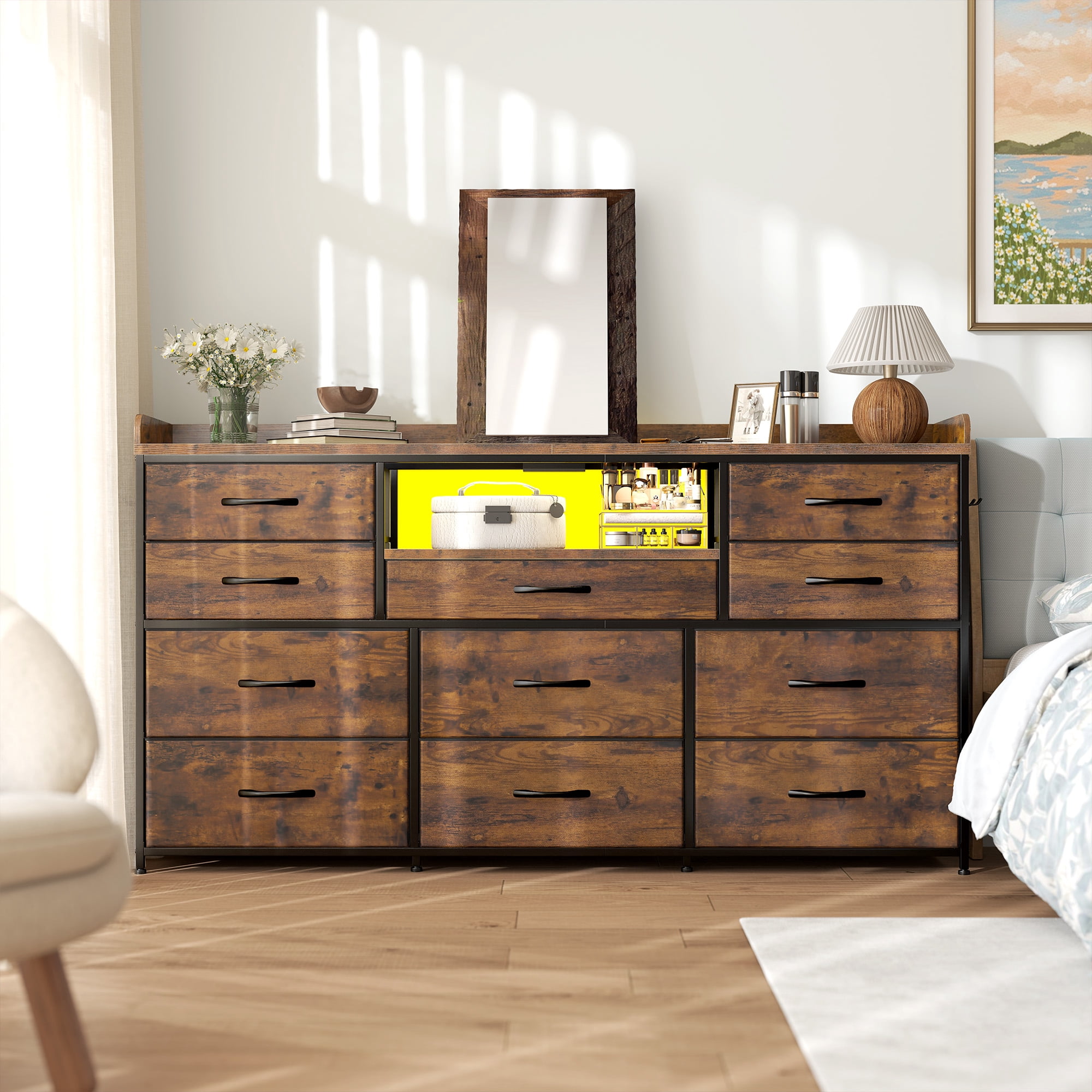 Dresser for Bedroom with 11 Drawers for 60" TV Stand with LED Lights & Charging Station Wide Dresser with Shelves & 4 Hooks Sturdy Metal Frame & Fabric & Wood Top,Rustic Brown