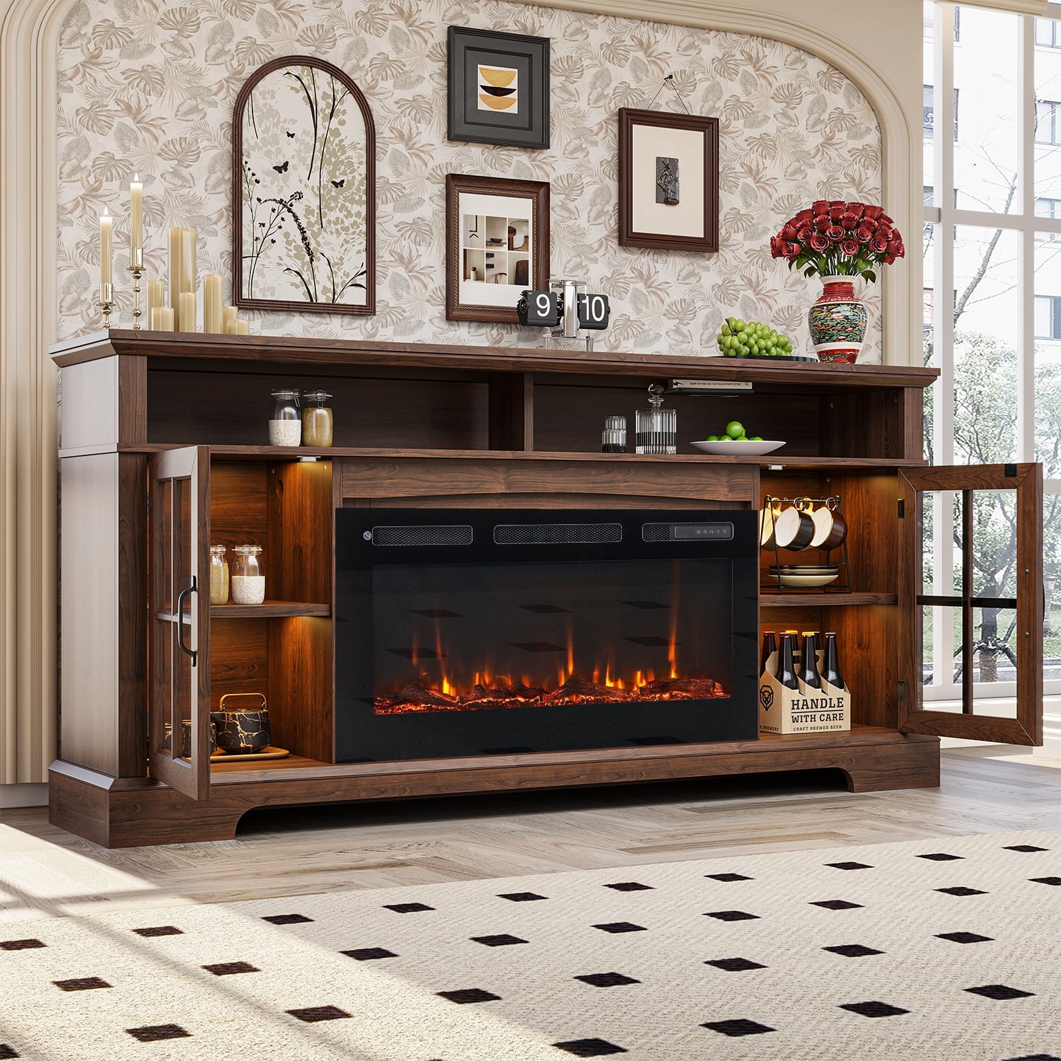 BaPiPro 70" Fireplace TV Stand with 36" Electric Fireplace for TVs up to 80", Media Entertainment Center Console Table, Rustic Brown