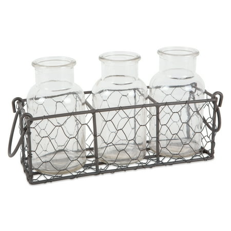House Glass Vase DII Rustic Farmhouse Vintage Chicken Wire Flatware Caddy with Clear Glass Vases - Gray ()