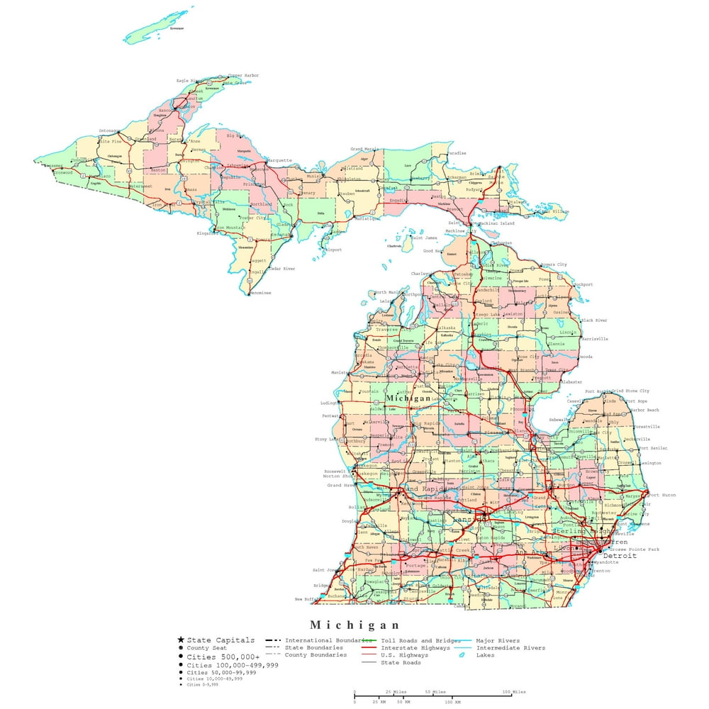 Laminated Map Printable color Map of Michigan Poster 20 x 30